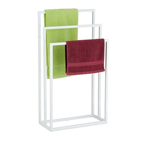 Relaxdays Porte-serviettes Handtuchständer, 3 Stangen, Stahl, H x B x T: 82,5 x 46 x 21 cm, freistehender Duschtuchhalter fürs Bad, weiß, 100%