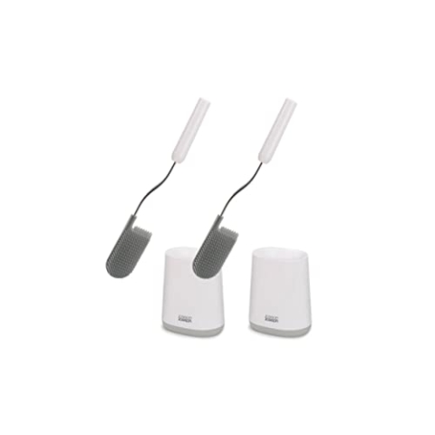 Joseph Joseph Flex Lite - 2er-Pack Silikon-Toilettenbürste mit schlankem Haltegriff, flexibel, tropffreier, verstopfungsfreier Kopf, ABS, Stainless-Steel, weiß/grau