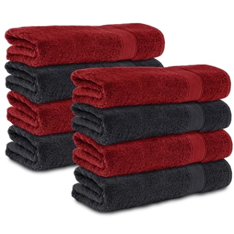 Komfortec 8er Duschtücher 70x140 cm Set aus 100% Baumwolle, 470g/m², Frottee, Weich, Schwarz/Aurorarot