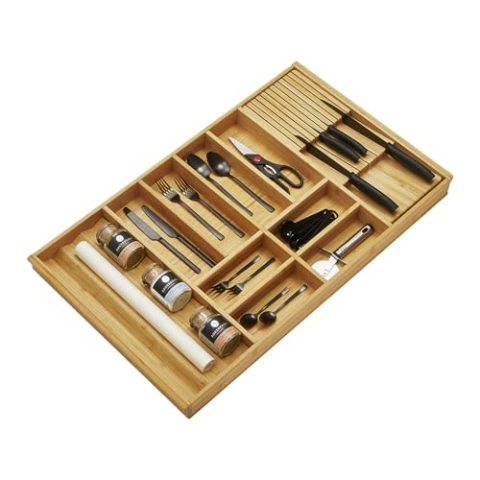 Orga-Box-1 BAMBUS Besteckeinsatz mit 10 Fächern für Blum Tandembox/Antaro Schubladen 819 x 473 mm im 90er Schrank Besteckkasten für Wellmann und Alno Küchen und vielen weiteren mehr