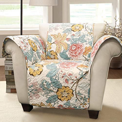 Lush Decor Furniture Protector-Floral Leaf Garden Pattern Armchair Cover-Blue and Yellow Sydney Möbelschutz, Blumenblatt-Gartenmuster, Sesselbezug, Blau und Gelb, Polyester, Chair