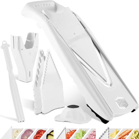 Börner Gemüsehobel V5 (Plus Set) • Verstellbarer V-Hobel mit extra viel Zubehör + Schäler • Gemüseschneider mit Edelstahl V-Klinge • Für Scheiben, Streifen, Würfel • Farbe: Weiß