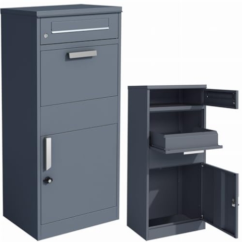 JUMI Wetterfest Briefkasten und Paketbox - Rostfrei und Massiv, Standbriefkasten Modern, Stahlblech Rückholsperre, Schublade und Schrank, Größe XXL Mailbox - aus Metall, Anthrazit