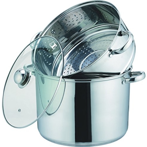 Kamberg 0008071 – Couscoustopf/Dampfgarer/Kochtopf (3‑in‑1) – Durchmesser 24 cm – 8 Liter – Hochwertiger Edelstahl – Mit Glasdeckel – Für alle Herdarten, auch Induktion, grau, 8 cm