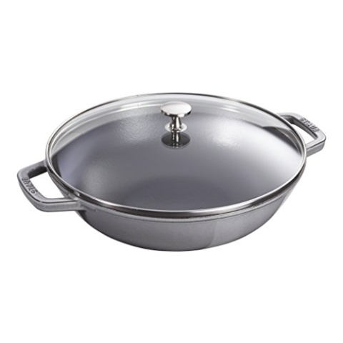 STAUB Wok aus Gusseisen, Innen emailliert, 30 cm, inkl. Glasdeckel, für alle Herdarten inkl. Induktion, Graphitgrau
