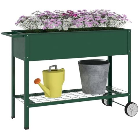 Outsunny Hochbeet mit Rädern, Regal Kräuterbeet Pflanzenbeet Metall für Garten, Balkon Grün 109 x 44 x 80 cm