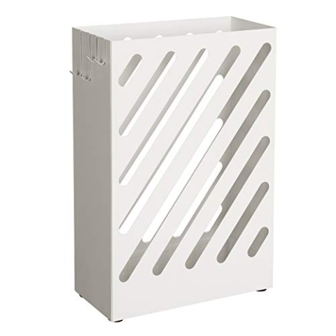 SONGMICS Regenschirmständer, Schirmständer, rechteckig, aus Metall, mit Haken und Wasserauffangschale, Cutout-Design, weiß LUC03WT