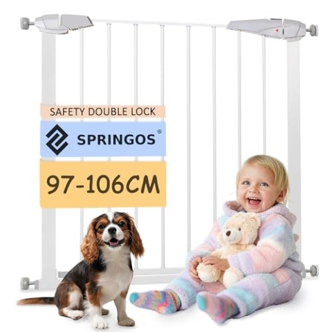 SPRINGOS Tür- und Treppenschutzgitter mit 2 Verlängerungen 14 cm und 7 cm Spannsystem für Kinderschutz Passung: 97-106 cm