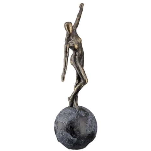 GILDE Skulptur The World in Balance Frau in bronzefarben auf Grauer Erdkugel - Limitierte Auflage - H: 40 cm B: 13 cm T: 12 cm 37593