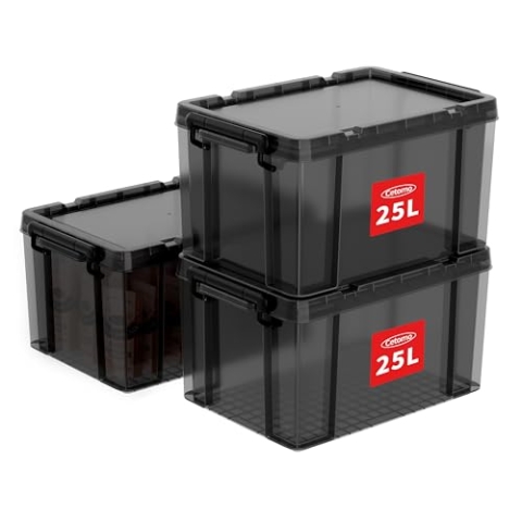 Cetomo 25 x 3 Kunststoff-Aufbewahrungsbox mit robustem Deckel und sicheren Verriegelungsschnallen, stapelbar und stapelbar, 3 Stück, transparentes Schwarz mit schwarzer Schnalle