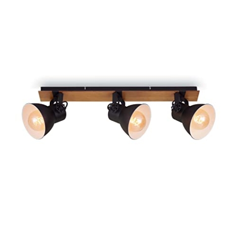 BRILONER Leuchten Deckenlampe retro mit Holzbalken, 3-flammige Deckenleuchte vintage, E27 Fassung max. 40 Watt, verstellbare Lampenschirme, rustikaler Deckenspot, Schwarz-Weiß-Holz