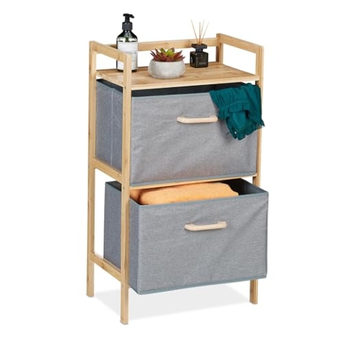 Relaxdays Badregal mit Wäschekörben, 1 offene Ablage & 2 Stoffkörbe, HBT: 76 x 43 x 27 cm, Standregal Bambus, Natur/grau, Pappe