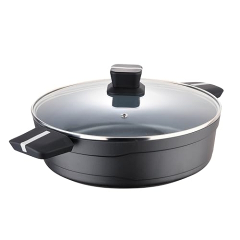 San Ignacio Bistro Grey - Niedriger Topf von 28 cm - Made aus Guss Aluminium - Innenraum in Quantenstahl - Matt -Punkt Outdoor -Induktionspunkt - weicher Touch Black Mango