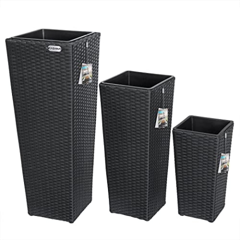 Casaria® Blumentopf 3er Set Polyrattangeflecht Übertopf Wasserabfluss Rattanoptik Outdoor Pflanzkübel Blumenkasten Schwarz