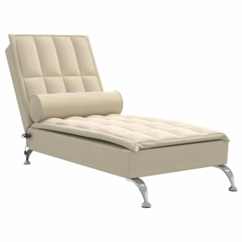 vidaXL Massage Chaiselongue mit Nackenrolle, Liegesessel mit Sperrholzlatten Metallbeine, Relaxliege für Wohnzimmer, Liegestuhl, Creme Stoff