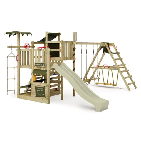 FATMOOSE Spielturm Klettergerüst CrazyCoconut Club XXL mit Surfanbau, salbeigrüner Rutsche & Plane, Outdoor Kinder Kletterturm mit Sandkasten, Leiter & Spiel-Zubehör für den Garten