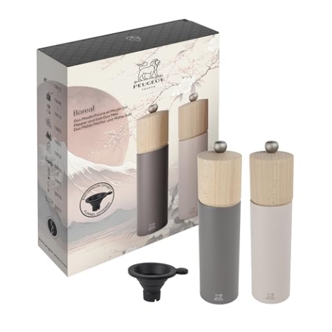 PEUGEOT - Duo Boreal 21 cm Pfeffermühle + Salzmühle - Edelstahl-Trichter - Klassische Einstellung - PEFC-zertifiziertes Buchenholz - Französisches Know-How - Felsgrau & Blassrosa