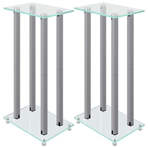vidaXL Lautsprecher Ständer 2 STK., Boxenständer Bodenständer mit 4 Säulen, Lautsprecher Halterung mit rutschfesten Füßen, Silbern Hartglas