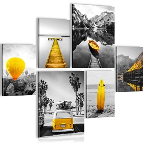 Novart Wandbilder Set Natur Gelb Schwarz Weiss Grau - KEIN EXTRA RAHMEN BENÖTIGT - Modern Deko - Wohnzimmer Schlafzimmer N006563a