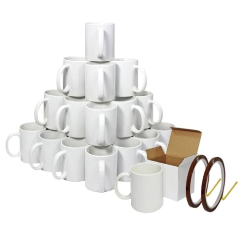 Sublimationsbecher, 72 Stück, weiße Keramik 325 ml Becher der Güteklasse AAA mit Henkel in Geschenkboxen und 2 Wärmebandrollen, 22 m x 0,5 cm, für Tee I Mikrowelle, spülmaschinenfest
