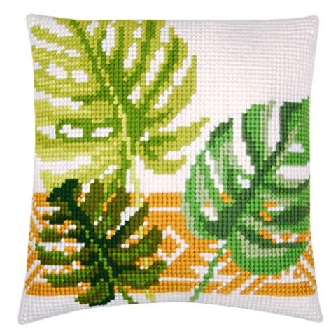 VERVACO Kreuzstich Stickpackungen Kissen Stickerei Set Anfänger Vorgedruckt Planzenblätter DIY Set Kreativ Set Für Erwachsene Dekoratives Kissen ca. 40 x 40 cm Bastelset Handwerker Haus Dekoration