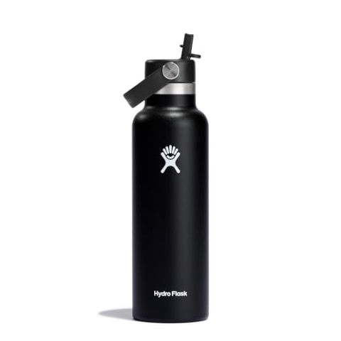 HYDRO FLASK - Trinkflasche 621ml (21oz) mit Strohdeckel - Vakuumisolierte, Wiederverwendbare Flasche aus Edelstahl - Auslaufsicherer Deckel - Heiß & Kalt - Kleine Öffnung - Black