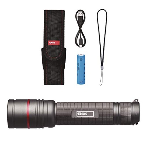 EMOS - aufladbare CREE-LED-Metall-Taschenlampe mit Fokus - Ultibright 80-3 Modi - stoßbeständig, wasserdicht - superhell 600lm, max. 230m - Inkl. Band und Beutel - für Innen- und Außenbereich - grau