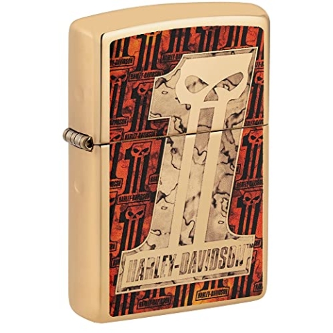 Zippo Harley-Davidson Feuerzeug mit Totenkopf-Motiv, hochglanzpoliertes Messing