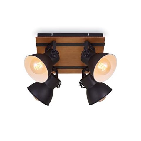 Briloner Leuchten Deckenlampe retro mit Holzbalken, 4-flammige Deckenleuchte vintage, E27 Fassung max. 40 Watt, verstellbare Lampenschirme, rustikaler Deckenspot, Schwarz-Weiß-Holz, 1 Stück (1er Pack)