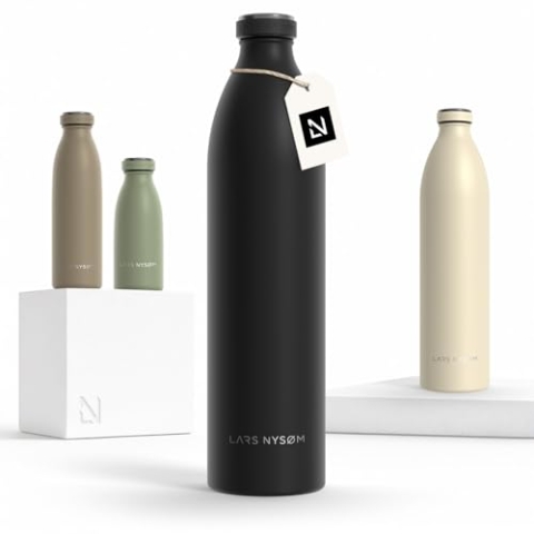 LARS NYSØM Edelstahl Trinkflasche 350ml, 500ml, 750ml, 1L, 1 5 liter | Thermosflasche Kohlensäure geeignet | Auslaufsichere Wasserflasche für Sport, Outdoor, Schule (Carbon Black, XL 1500ml)