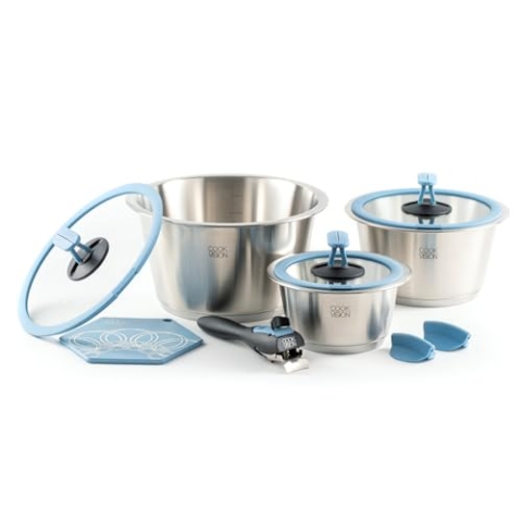 cookvision Topf-Set 10-tlg. blau, 3x Edelstahltöpfe für alle Herdarten, 3x Glasdeckel, 1x Griff, platzsparend, innovatives Zubehör