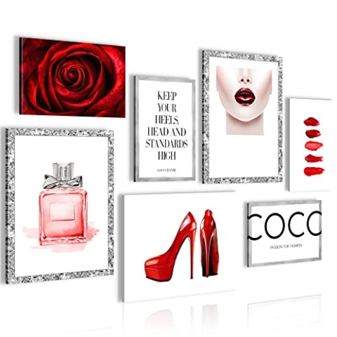 Novart Wandbilder Fashion - KOMPLETT AUFHÄNGFERTIG - Beauty Rot Wohnzimmer Mädchen Teenager - 7 Moderne Mood-Bilder - N018971a