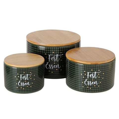 MamboCat 3tlg Set Gebäckdosen Windsor I Fest Essen I Ø 11cm, 13cm & 16cm I runde schottisch-grüne Plätzchen-Dose mit Holz-Deckel, Weihnachts-Vorratsdose, Geschenkdosen aus Steingut I Advent