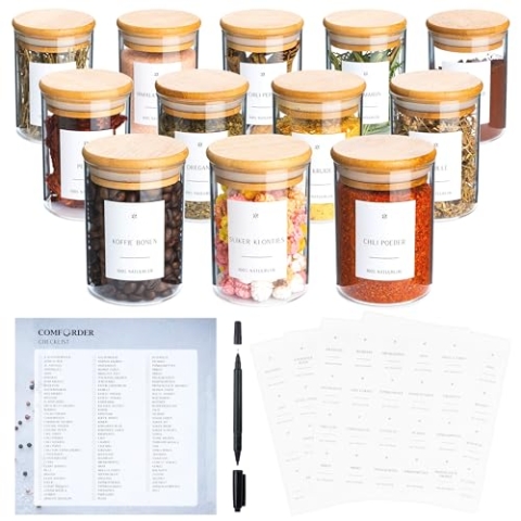 comforder Gewürzgläser Set (12 Stück) 230ml – Kleine Vorratsgläser mit Deckel, luftdicht, inkl. Gewürzetiketten & Marker, Gewürz Organizer Küche, Gewürze Aufbewahrung rund