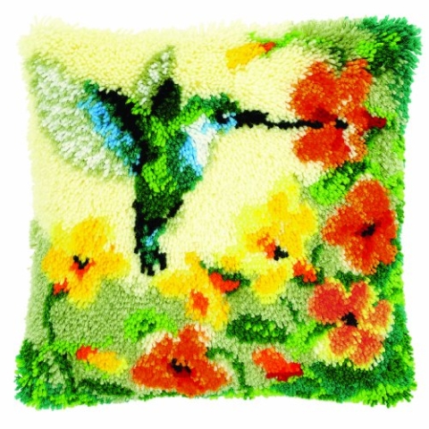 VERVACO Deko Kissenbezug Knüpfset für Anfänger KOLIBRI Basteln Erwachsene Kreativ DIY Handarbeit Selber Knüpfe 40 x 40 cm Latch Hook Kit Set Kissen Knüpfkissen mit Knüpfhaken, Baumwolle, Multicolor