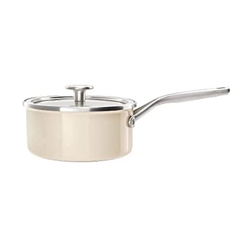 KitchenAid Steel Core Enamel Stielkasserolle mit Deckel (18cm/2l), deutsche Emaille, Induktionsgeeignet, backofenfest, spülmaschinenfest, Crème
