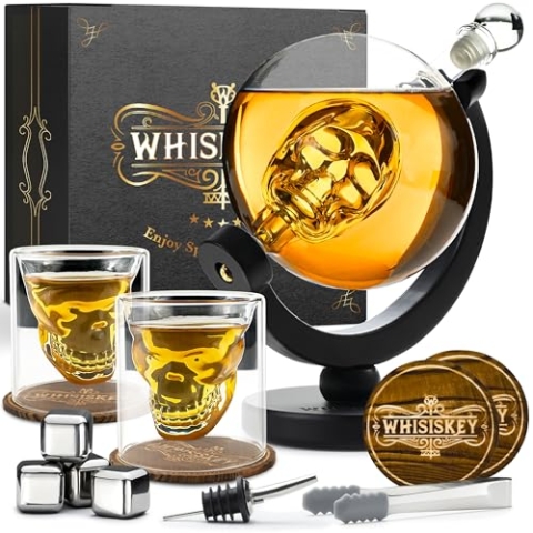 WHISISKEY Whisky Karaffe Set - Whiskey Geschenkset - Geschenke für Männer - Männergeschenke Geschenk - Geburtstagsgeschenk Mann - Skull Dekanter 900ML, Geschenkbox, 2 Whisky Gläser, 4 Whisky Steine