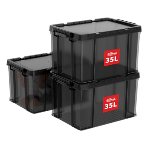 Cetomo 35 x 3 Kunststoff-Aufbewahrungsbox mit robustem Deckel und sicheren Verriegelungsschnallen, stapelbar und stapelbar, 3 Stück, transparentes Schwarz mit schwarzer Schnalle
