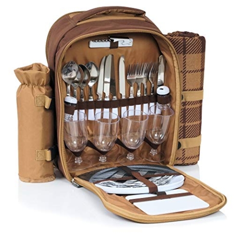 CampFeuer Picknickrucksack für 4 Personen | Braun | Picknickset 32-teilig | inkl. Flaschenhalter und Fleece Decke, großem Kühlfach, Geschirr und Besteck | Wanderrucksack, Campingrucksack