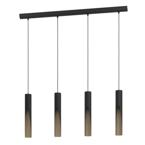 EGLO LED Hängelampe Barbotto, 4-flammige Pendelleuchte über Esstisch, indirekte Beleuchtung, Hängeleuchte aus Metall in Schwarz und Holz-Optik, GU10-Leuchtmittel, warmweiß, FSC Zertifiziert