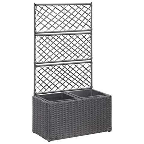vidaXL Hochbeet mit Rankgitter 2 Töpfen Pflanzkübel Pflanzkasten Blumenkübel Gartenspalier Spalier Rankhilfe Rankkasten 58x30x107cm Poly Rattan Schwarz