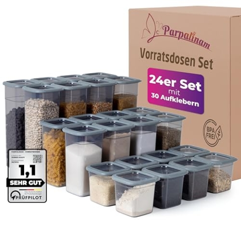 Parpalinam Vorratsdosen mit Deckel Luftdicht, 24er Vorratsbehälter Set, Aufbewahrungsbox Küchen Organizer, BPA frei, Küche Aufbewahrung & Organisation für Cornflakes Mehl Müsli