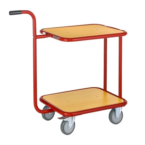 SCHÄFER SHOP Tischwagen mit 2 Etagen – 150 kg Tragkraft, Rollwagen Handwagen Etagenwagen Griffroller, Ladefläche 600x500 mm - Holz, Stahl, rot
