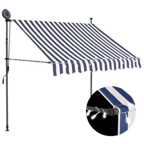 vidaXL Markise Einziehbar Handbetrieben mit LED Wasserabweisend Klemmmarkise Balkonmarkise Sonnenschutz Terrasse Balkon Garten 150cm Blau Weiß