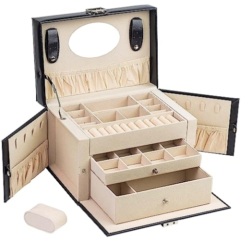 AdelDream Schmuckkasten Schmuckkästchen mit 2 Schubladen abschließbarer Schmuck-Organizer mit Spiegel PU Leder Schmuckaufbewahrung für Ringe Armbänder Ohrringe Samtfutter Schwarz