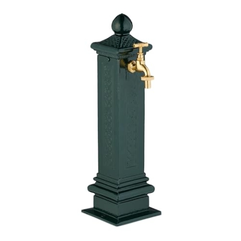 Relaxdays Standbrunnen antik, Wasserhahn, HBT: 47x14x18,5 cm, Wasserzapfsäule Garten, Terrasse, Zierbrunnen, dunkelgrün