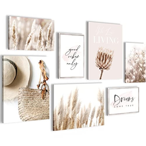 Novart Wandbilder Boho Pampasgras - KOMPLETT AUFHÄNGFERTIG - Beige Rosa Wohnzimmer Schlafzimmer - 7 Moderne Mood-Bilder - N006671a