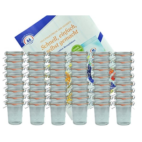 MamboCat 48er Set Weck Gläser 160 ml Sturzgläser mit 48 Glasdeckeln, 48 Einkochringen und 96 Klammer inkl. Diamant-Zucker Gelierzauber Rezeptheft I Original Weck Sturzgläser für Kuchen Gelees UVM
