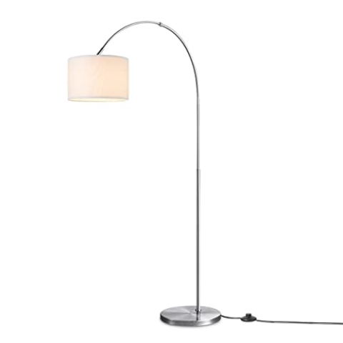 Home Sweet Home Moderner Bogen-Stehlampe Duke | 98/30/180cm | Gebürstetes Stahl | Stehlampe Fischer mit weißem Lampenschirm | E27 | mit Fußschalter | geeignet für Wohnzimmer