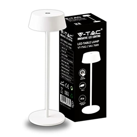 V-TAC Dimmbare LED Tischlampe Kabellos mit Touch-Bedienung - Wiederaufladbar Weiß Lampe für den Innen und Draußen - Außenbereich IP54 - Hause Restaurant - 4400-mAh-Akku - Warmweiß 3000K - 2W